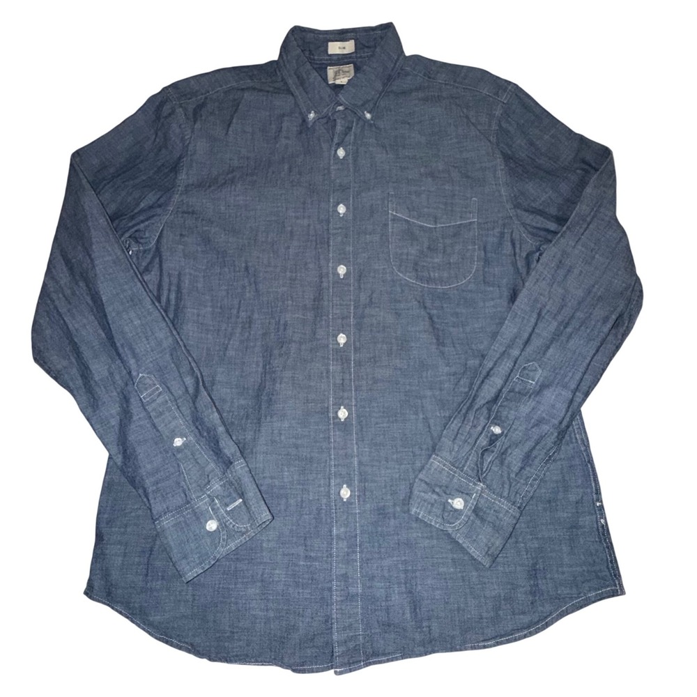 J. Crew Shirt Large L Blue Organic Cotton Chambray Slim Fit Button Down Preppy